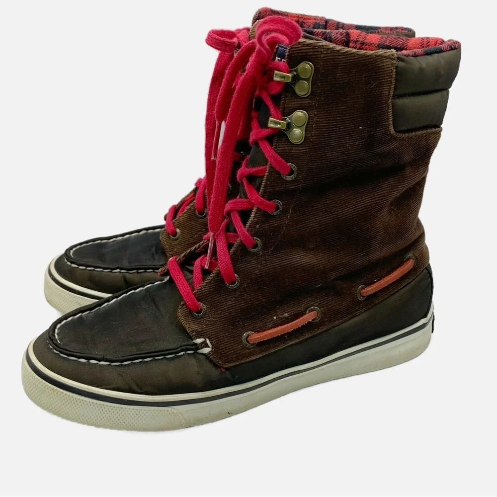 Sperry corduroy red lace up winter boots 6.5 funky grunge 90s Y2K